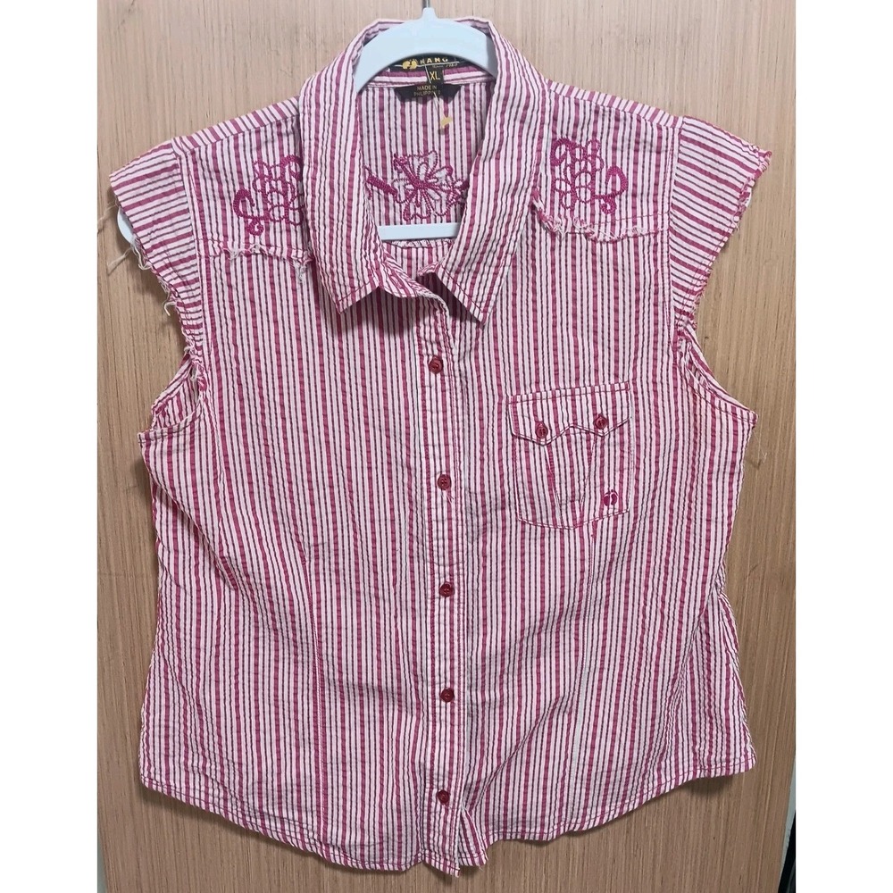 Hang Ten XL Ladies Vtg Cap Sleeve Button Textured Pink White‎ Stripe Embroidered